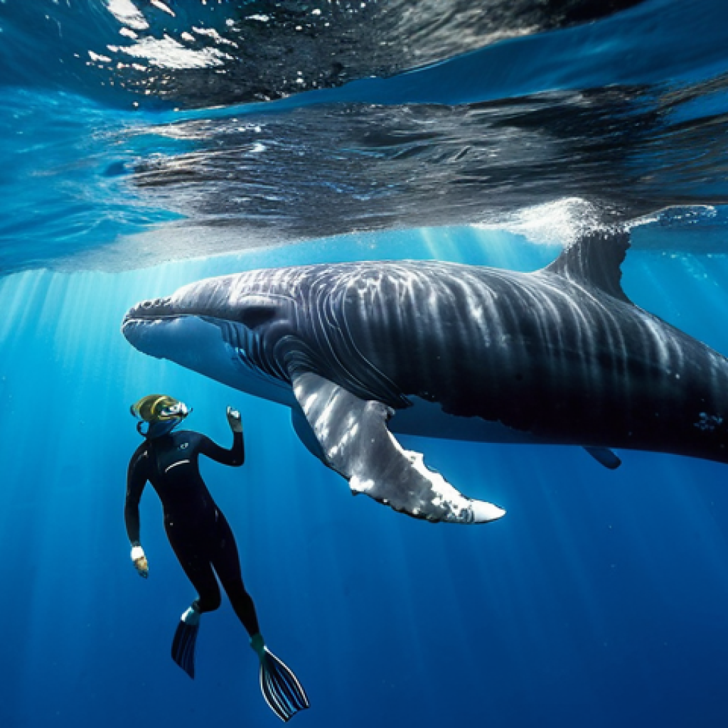 A person in a full, modest wetsuit, gracefully swimming underwater. A majestic humpback whale and its calf gently glide past, their enormous bodies moving with ethereal grace in the crystal-clear, deep blue waters of Tonga. Sunlight beams pierce through the surface, illuminating the scene. The person is observing the whales with an expression of profound awe and wonder, their face visible through a snorkel mask. The image captures the serene beauty of the underwater encounter. high-definition photography, cinematic lighting, ultra-realistic, perfect anatomy, correct proportions, natural pose, well-formed hands, proper finger count, natural body proportions, fully clothed, modest clothing, appropriate attire, safe for work, appropriate content, family-friendly.