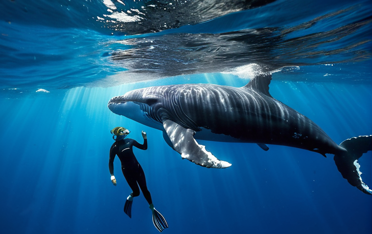 A person in a full, modest wetsuit, gracefully swimming underwater. A majestic humpback whale and its calf gently glide past, their enormous bodies moving with ethereal grace in the crystal-clear, deep blue waters of Tonga. Sunlight beams pierce through the surface, illuminating the scene. The person is observing the whales with an expression of profound awe and wonder, their face visible through a snorkel mask. The image captures the serene beauty of the underwater encounter. high-definition photography, cinematic lighting, ultra-realistic, perfect anatomy, correct proportions, natural pose, well-formed hands, proper finger count, natural body proportions, fully clothed, modest clothing, appropriate attire, safe for work, appropriate content, family-friendly.