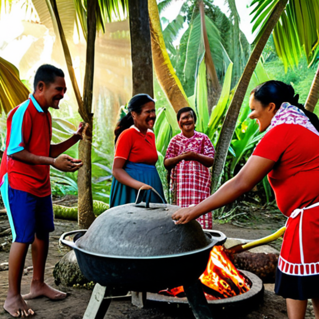 A joyful group of adult Tongan men and women, fully clothed in traditional, modest attire, gathered around a steaming 'Umu earth oven in a lush village setting. They are sharing a communal feast with roasted pig, taro, and breadfruit wrapped in banana leaves. Warm sunlight filters through palm trees. The atmosphere is authentic and welcoming, showcasing a vibrant cultural experience. perfect anatomy, correct proportions, natural pose, well-formed hands, proper finger count, professional photography, high quality, safe for work, appropriate content, fully clothed, family-friendly.