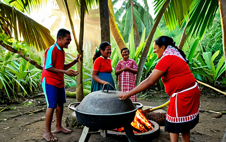 A joyful group of adult Tongan men and women, fully clothed in traditional, modest attire, gathered around a steaming 'Umu earth oven in a lush village setting. They are sharing a communal feast with roasted pig, taro, and breadfruit wrapped in banana leaves. Warm sunlight filters through palm trees. The atmosphere is authentic and welcoming, showcasing a vibrant cultural experience. perfect anatomy, correct proportions, natural pose, well-formed hands, proper finger count, professional photography, high quality, safe for work, appropriate content, fully clothed, family-friendly.