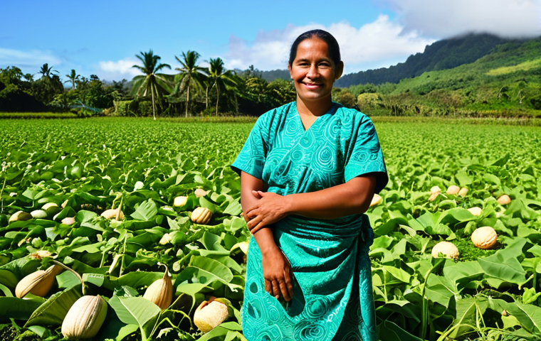A Tongan farmer, wearing a modest, traditional patterned wrap over practical work clothing, stands in a lush, vibrant green field. Around them, healthy kava plants grow, intertwining with delicate vanilla vines bearing long pods, and large, round pumpkins are scattered on the fertile ground. The setting is a bright, sunny tropical landscape, showcasing the rich agricultural bounty of Tonga. The farmer's pose is natural, reflecting a deep connection to the land. Perfect anatomy, correct proportions, well-formed hands, natural body proportions, professional photography, high quality, safe for work, appropriate content, fully clothed, modest clothing.