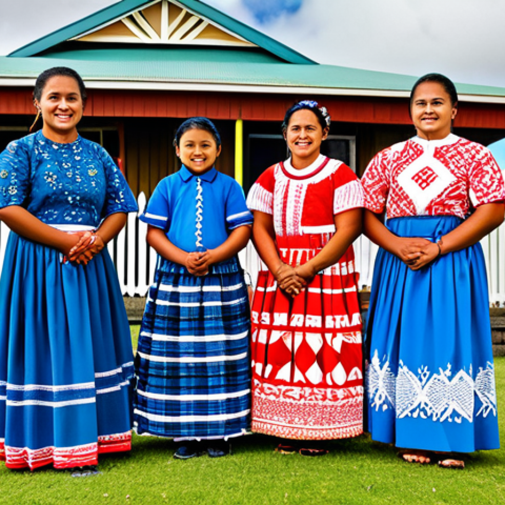 **
A vibrant scene depicting a Tongan family, fully clothed in modest attire, in Auckland, New Zealand. The background shows a lively community gathering with traditional Tongan elements blended with the urban New Zealand setting. Include elements of Tongan culture (clothing patterns, crafts) and New Zealand architecture. Safe for work, appropriate content, family-friendly, perfect anatomy, natural proportions, well-formed hands, proper finger count, professional photography, high quality.
**