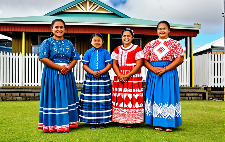 **

A vibrant scene depicting a Tongan family, fully clothed in modest attire, in Auckland, New Zealand. The background shows a lively community gathering with traditional Tongan elements blended with the urban New Zealand setting. Include elements of Tongan culture (clothing patterns, crafts) and New Zealand architecture.  Safe for work, appropriate content, family-friendly, perfect anatomy, natural proportions, well-formed hands, proper finger count, professional photography, high quality.

**