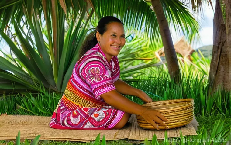 통가 전통 장신구 및 공예품 - Prompt 1: Tongan Pandanus Weaver in a Village Setting** 통가 전통 장신구 및 공예품 - Prompt 1: Tongan Pandanus Weaver in a Village Setting**
