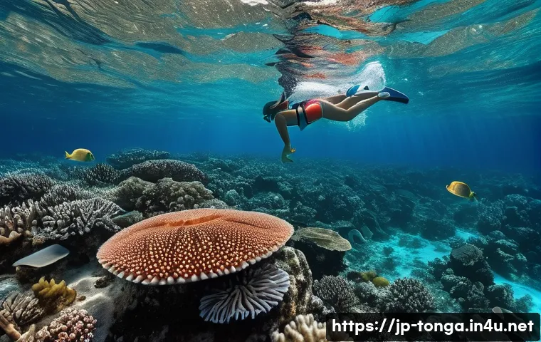 통가 해변에서 주의할 점 - **Vibrant Underwater Exploration with Awareness:**
    A serene and vivid underwater scene in the cl...