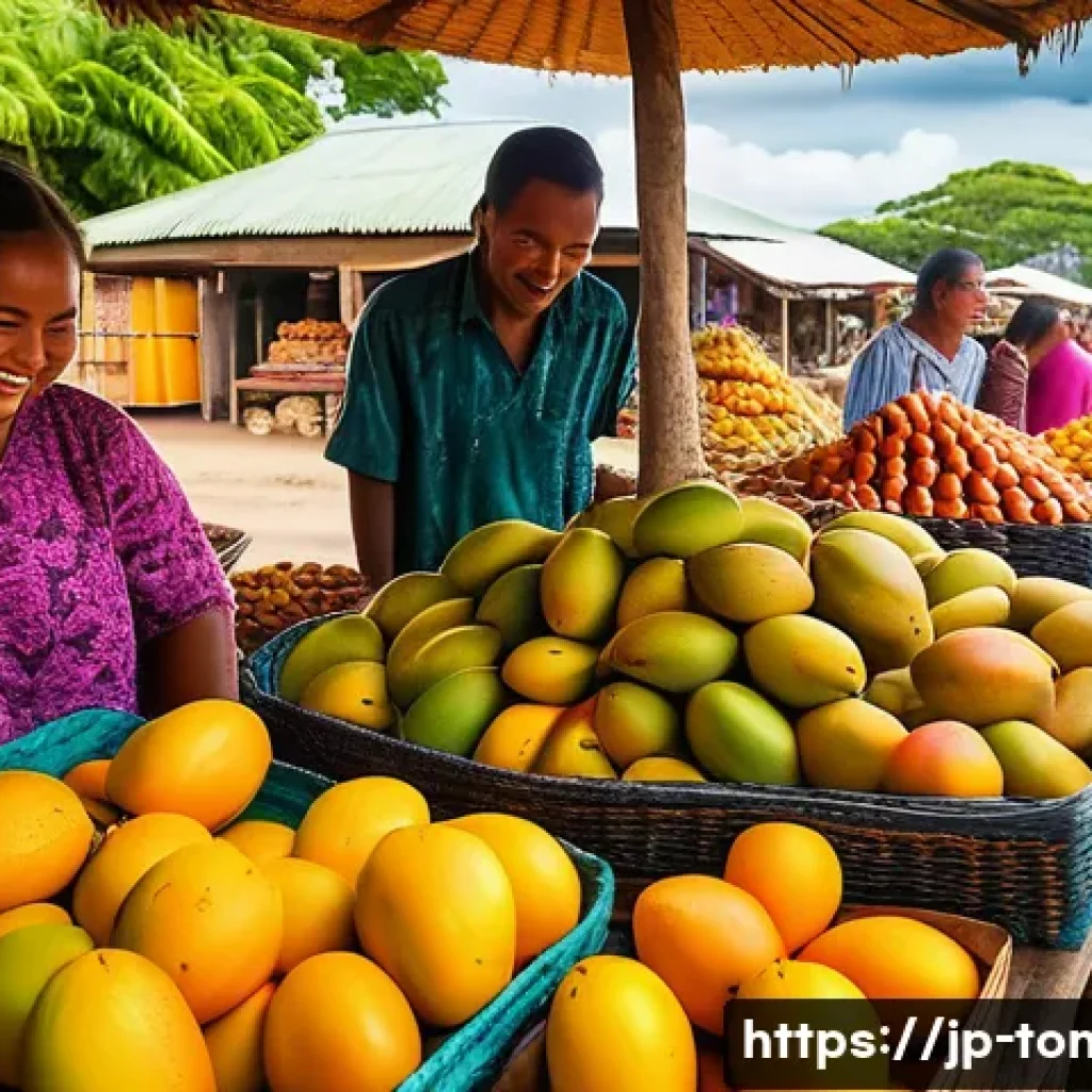 통가에서 맛볼 수 있는 열대 과일 - A vibrant tropical fruit market scene in Tonga, showcasing a colorful array of mangoes with golden o...