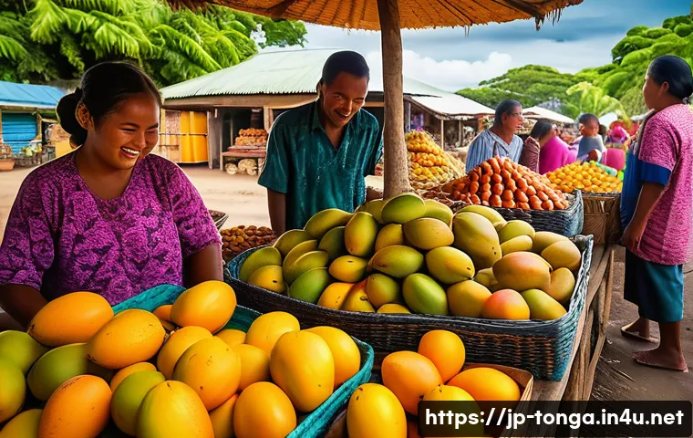 통가에서 맛볼 수 있는 열대 과일 - A vibrant tropical fruit market scene in Tonga, showcasing a colorful array of mangoes with golden o...