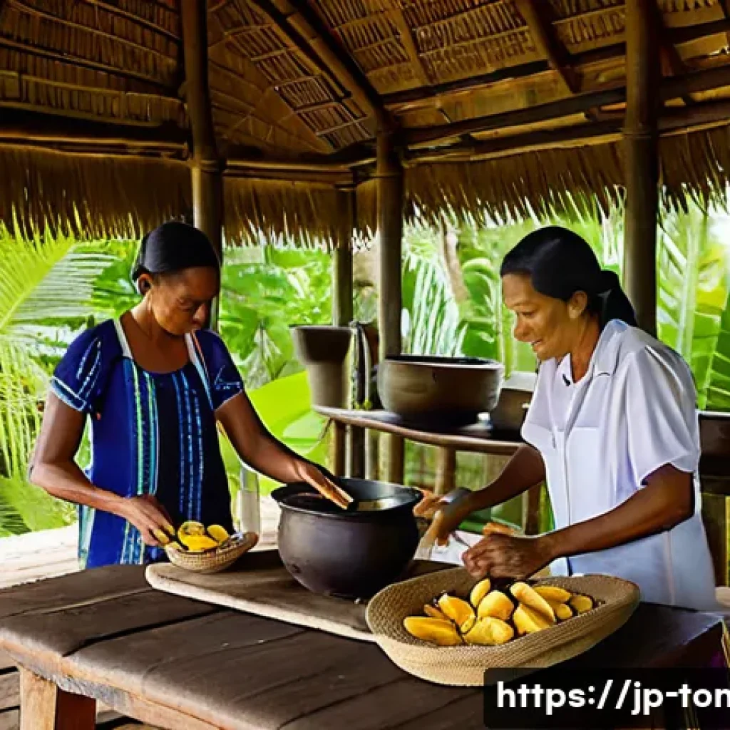 통가 전통 음식 루 시푸 - A vibrant South Pacific traditional kitchen scene featuring a local family preparing Lusip, a dish c...