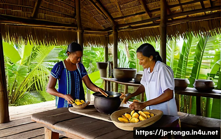 통가 전통 음식 루 시푸 - A vibrant South Pacific traditional kitchen scene featuring a local family preparing Lusip, a dish c...