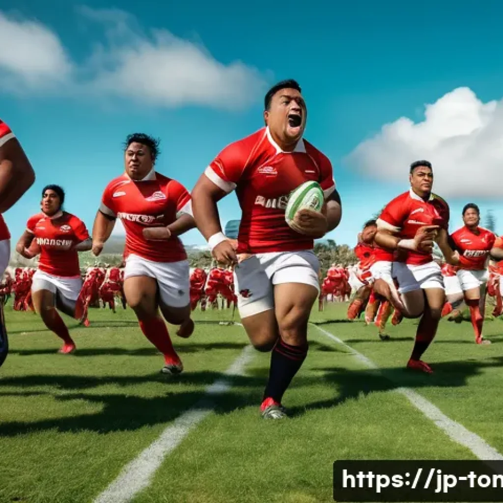 통가 럭비 대표팀 역사 - A dynamic scene of Tongan rugby players in a powerful match moment, showcasing muscular athletes wea...