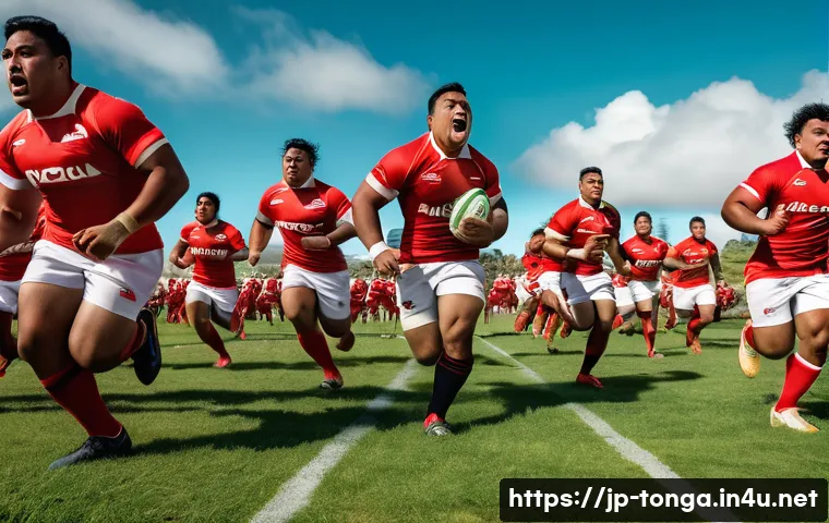 통가 럭비 대표팀 역사 - A dynamic scene of Tongan rugby players in a powerful match moment, showcasing muscular athletes wea...