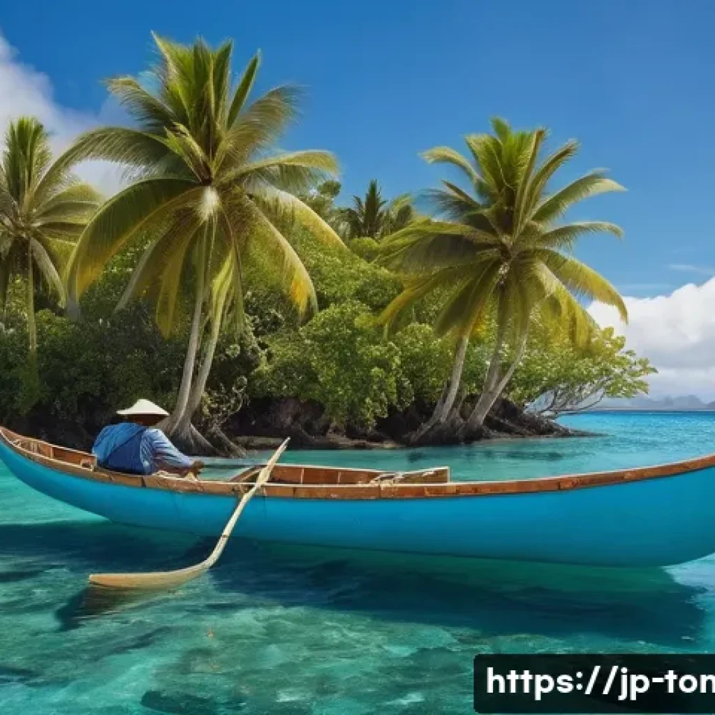 통가에서 사용하는 전통 보트 - A traditional Tongan fishing canoe, slender and lightweight, crafted from light-colored tara wood wi...