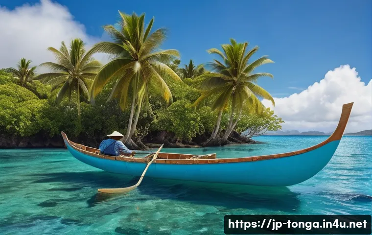 통가에서 사용하는 전통 보트 - A traditional Tongan fishing canoe, slender and lightweight, crafted from light-colored tara wood wi...