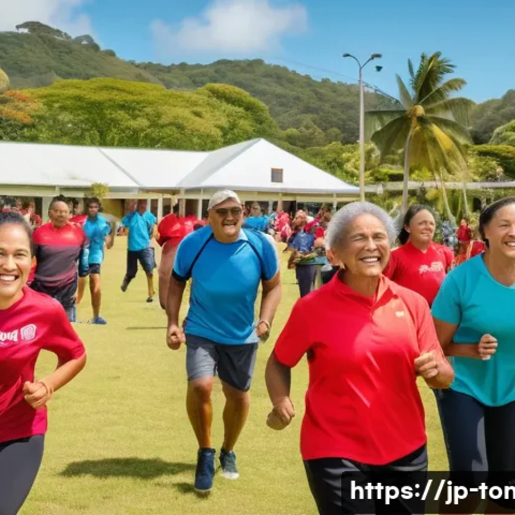 통가에서 자주 발생하는 질병 - A vibrant community sports event in Tonga featuring diverse adults and middle-aged people engaging i...