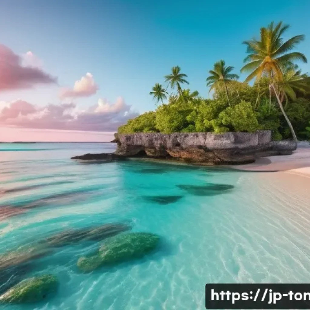 통가와 관련된 다큐멘터리 - A serene tropical beach scene in Tonga at sunrise, featuring crystal-clear turquoise waters and vibr...