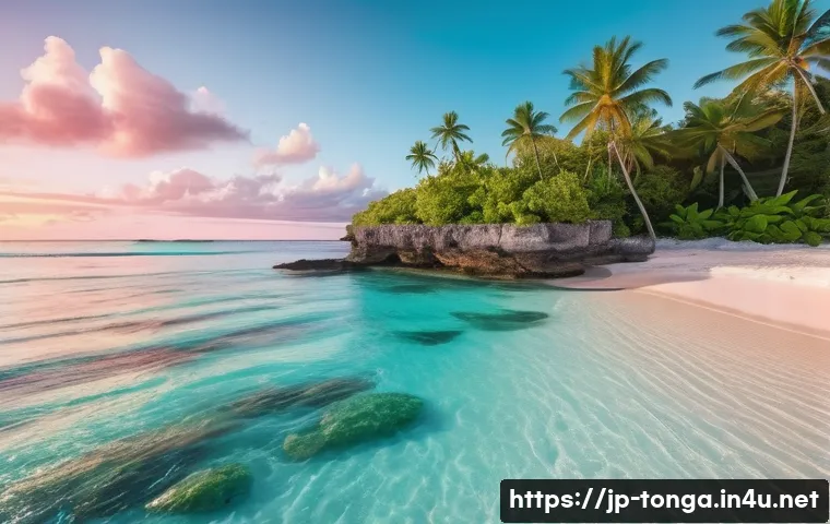 통가와 관련된 다큐멘터리 - A serene tropical beach scene in Tonga at sunrise, featuring crystal-clear turquoise waters and vibr...