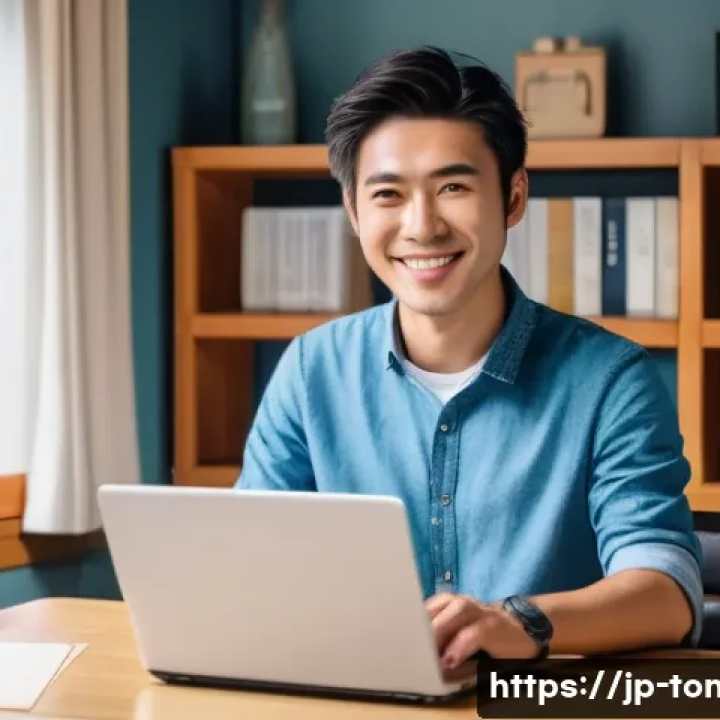 통가 비자 발급 절차 - A modern Japanese traveler preparing for a trip to Tonga, sitting at a sleek desk with a laptop disp...