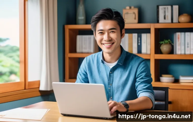 통가 비자 발급 절차 - A modern Japanese traveler preparing for a trip to Tonga, sitting at a sleek desk with a laptop disp...