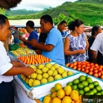 통가 치안 및 안전 - A bustling Tongan local market scene during daytime, featuring vendors selling fresh tropical fruits...