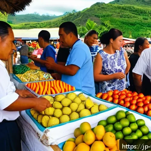 통가 치안 및 안전 - A bustling Tongan local market scene during daytime, featuring vendors selling fresh tropical fruits...