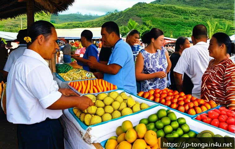 통가 치안 및 안전 - A bustling Tongan local market scene during daytime, featuring vendors selling fresh tropical fruits...