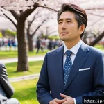 통가 출신의 유명한 정치인 및 리더 - A modern Japanese politician engaging in a lively community meeting outdoors in a local park, wearin...