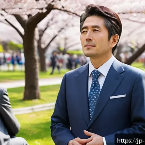 통가 출신의 유명한 정치인 및 리더 - A modern Japanese politician engaging in a lively community meeting outdoors in a local park, wearin...