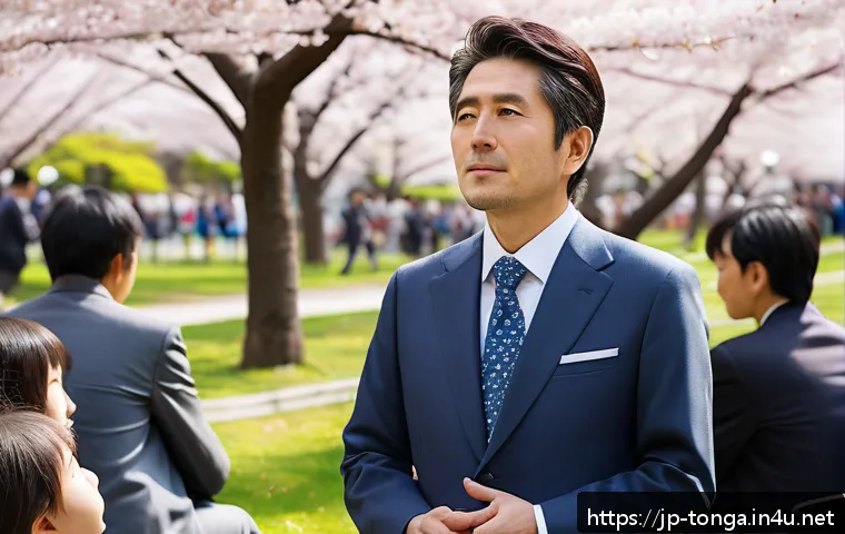 통가 출신의 유명한 정치인 및 리더 - A modern Japanese politician engaging in a lively community meeting outdoors in a local park, wearin...