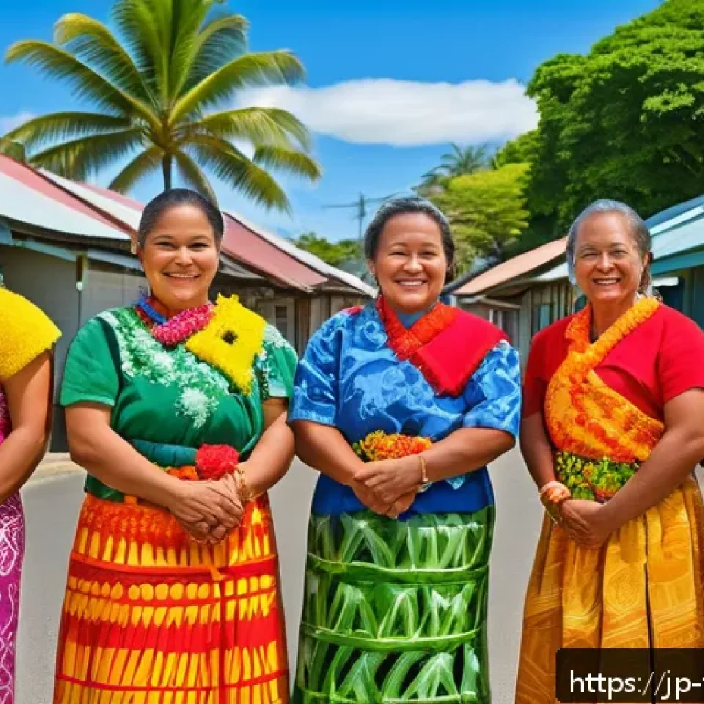통가 공용어 및 언어 - A vibrant street scene in Tonga featuring local people of various ages warmly greeting each other us...