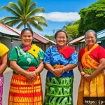 통가 공용어 및 언어 - A vibrant street scene in Tonga featuring local people of various ages warmly greeting each other us...