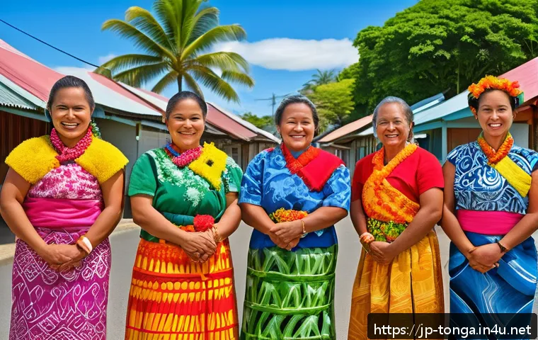 통가 공용어 및 언어 - A vibrant street scene in Tonga featuring local people of various ages warmly greeting each other us...
