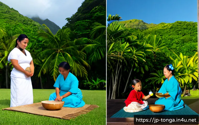 통가와 폴리네시아 문화권 비교 - Photorealistic side-by-side cultural comparison scene: on the left, a welcoming Tongan family in ele...