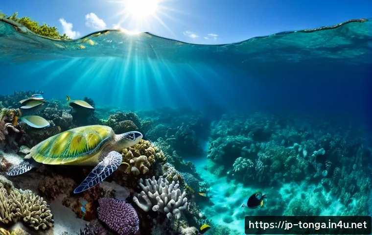 통가에서 배우는 수중 생태계 - Photorealistic wide-angle underwater scene in the clear turquoise waters of Tonga, a vibrant coral r...